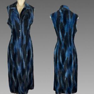 Sense M Blue/Black Animal Print Velour 3 Button Closure Sleeveless Midi Topper